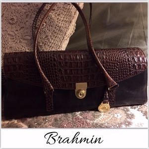Brahmin Brown Croc & Black Leather Locking Satchel