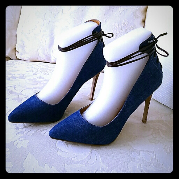 9 West Denim Ankle Tie Pumps
