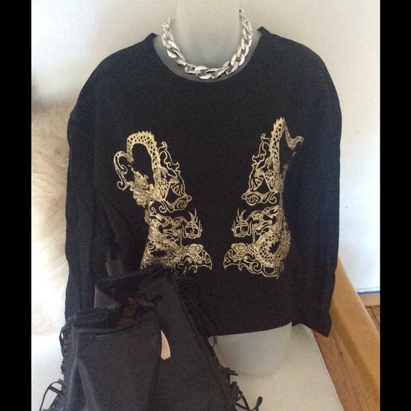 Mustard Seed black shirt gold dragon