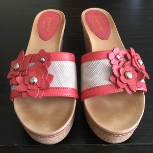 Tan and coral coach sandals with cute flowers