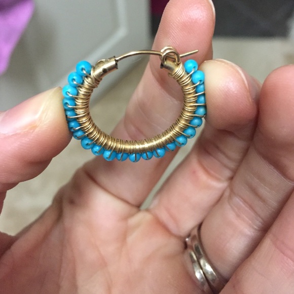 Amanda Sterett Signature Gold Turquoise Hoops - Picture 2 of 2
