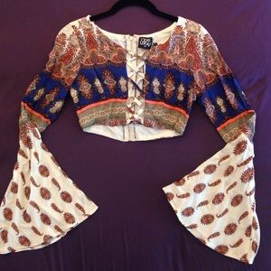 LF Boho Print Bell Sleeve Criss Criss Crop Top