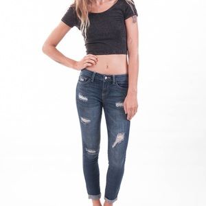 Dark Wash Distressed Cuffed Boyfriend Denim Jeans