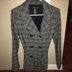 Suit jacket below waist gray with black lines