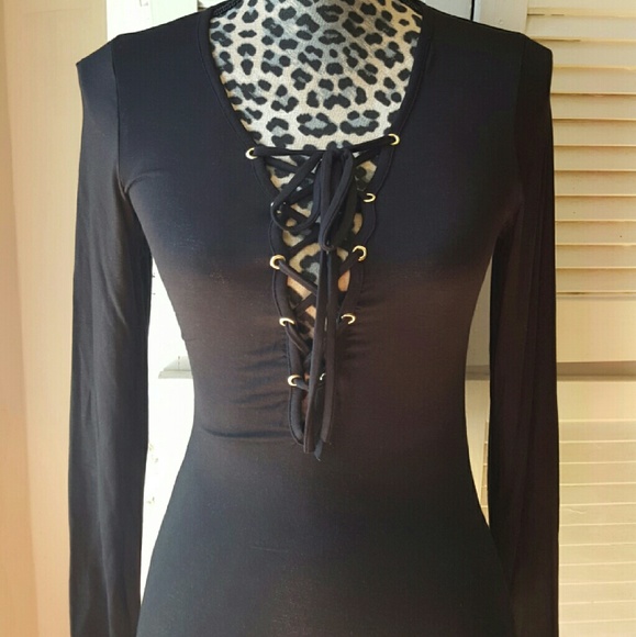 Black lace up long sleeve top - Picture 2 of 4