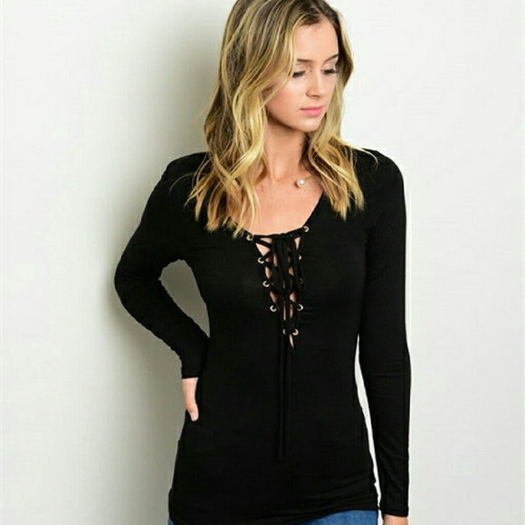 Black lace up long sleeve top - Picture 4 of 4
