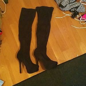 Thigh high faux suede platform stiletto boots