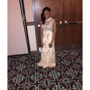 Long champagne sequence prom dress