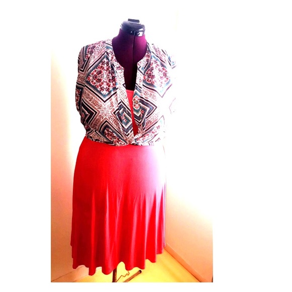 Coral dress with multi colored blouse