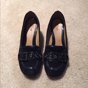 Black loafer wedges