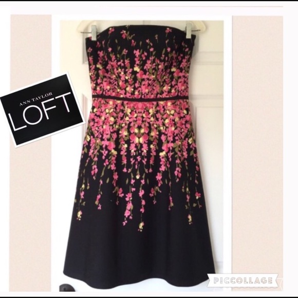 LOFT Cotton Black Floral Burst Strapless Dress - Picture 2 of 4