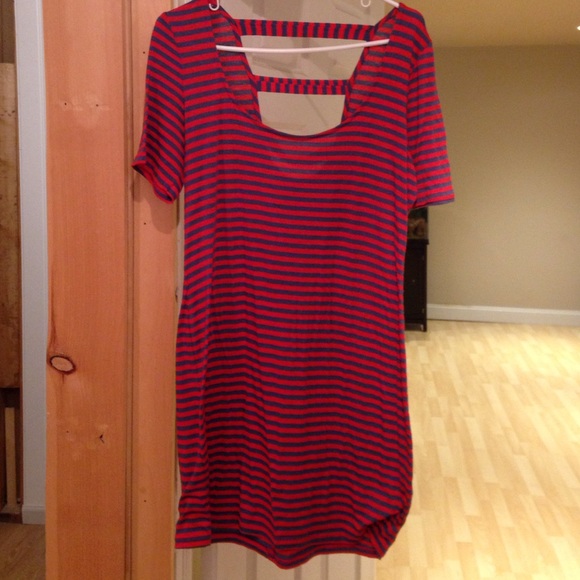 Red and blue striped tee shirt dress