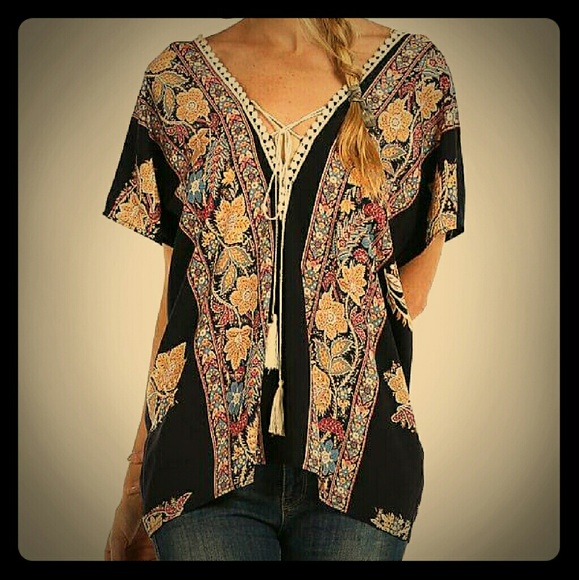 LAST ONE! Boho Indian print pompom trim accent top