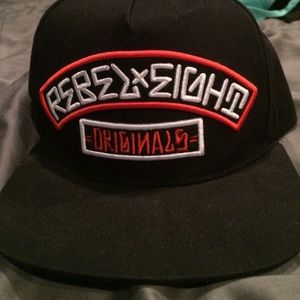 Rebel8 black and orange SnapBack flat brim hat