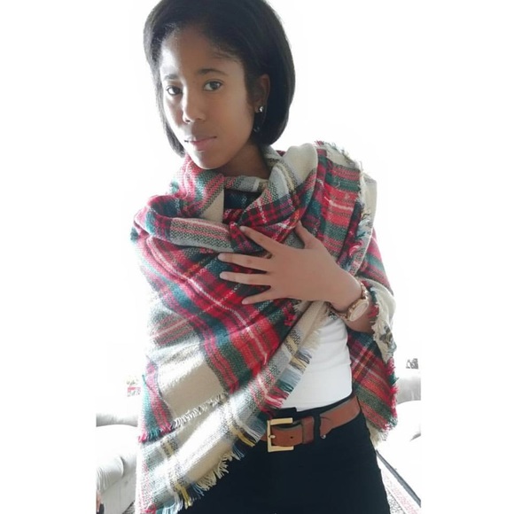 Blanket Scarf, Red Green Tartan Blanket Scarf - Picture 2 of 2