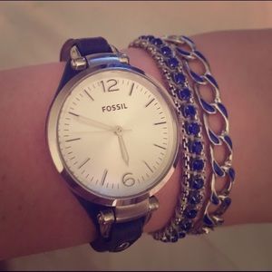 Fossil royal blue leather watch, bracelet trio