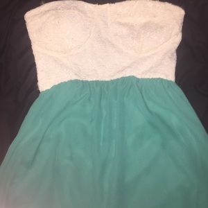 High low white lace top turquoise dress