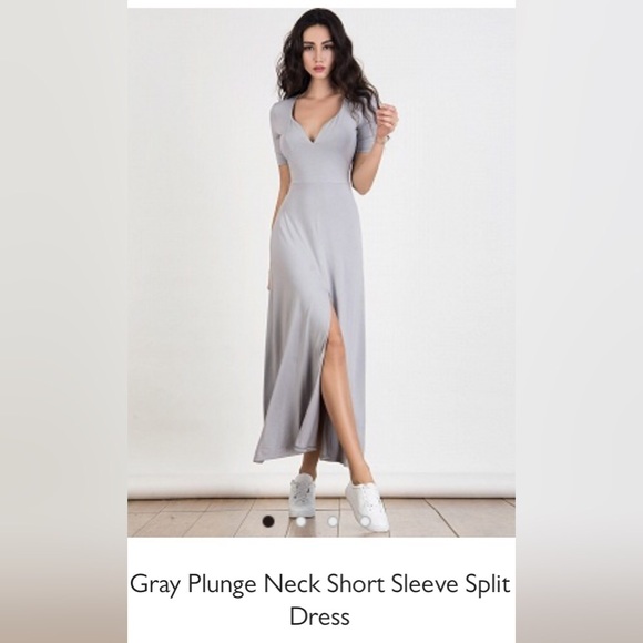 CHOIES Light Gray Plunge Maxi Dress