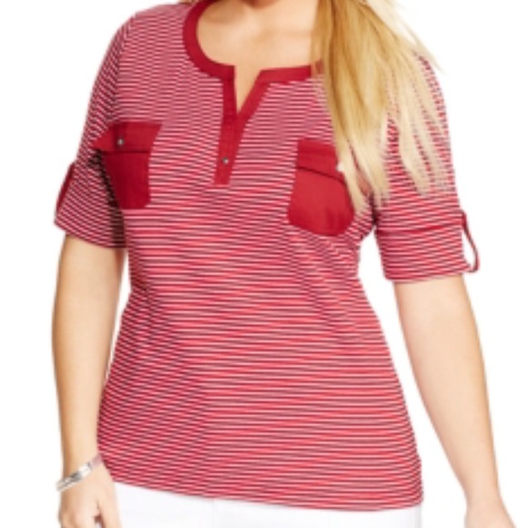 Karen Scott Plus Size Striped Henley Top-GARNET