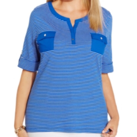 Karen Scott Plus Size Striped Henley Top-BLUE