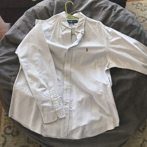 Button down, striped, polo custom fit shirt.