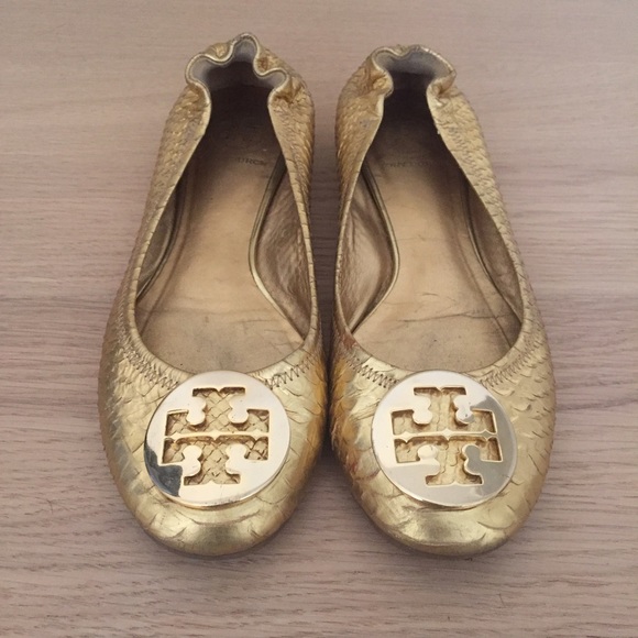 Tory Burch Reva Gold Snakeskin Ballet Flats