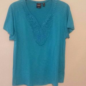 Turquoise top with crochet neckline