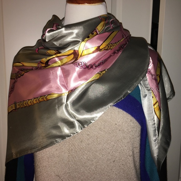 Large gray pink silk satin like scarf Hermes print