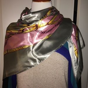 Large gray pink silk satin like scarf Hermes print