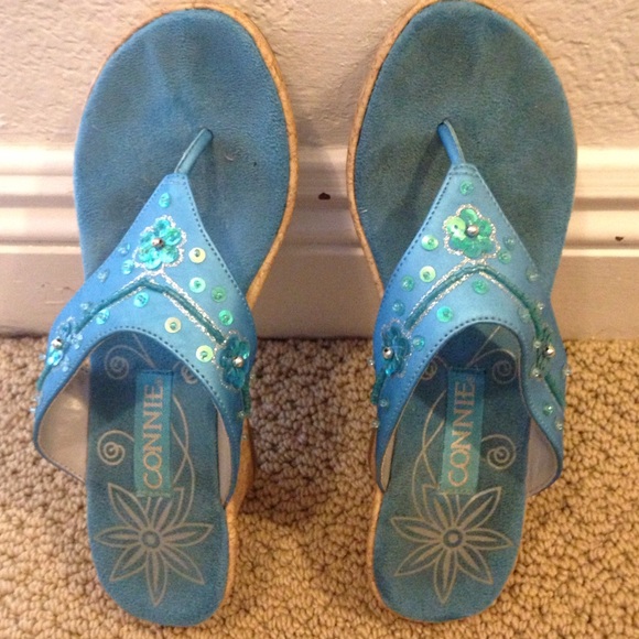 Fun turquoise blue slides with 2" cork heels.