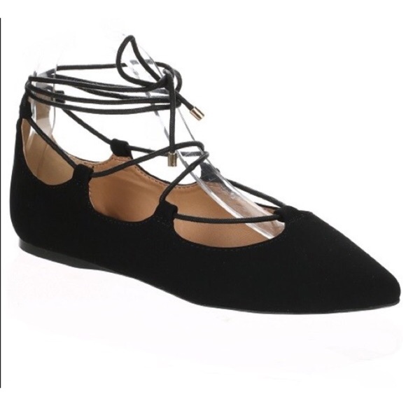 ๐3X HP๐ Black Pointed Toe Lace Up Flats Size 9 - Picture 2 of 4