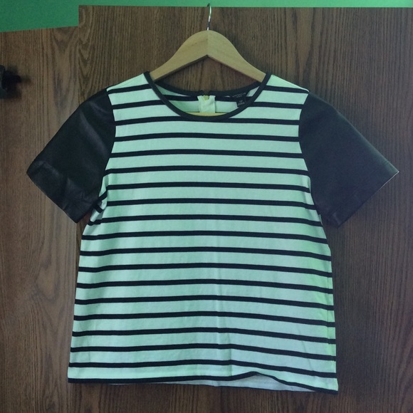 Ann Taylor stripe faux leather sleeve top blouse