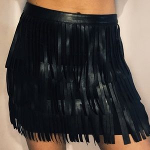 Black Faux Leather Fringe Skirt