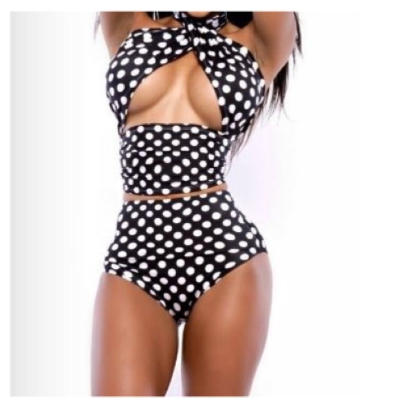 Black white dots waist swimsuit bandage bikini - Picture 2 of 3