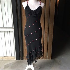 Black Asymmetrical Ruffle Dress with Roses