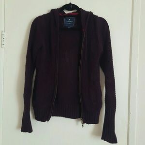 Purple knitted zip up sweater with hood