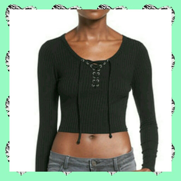 SALE! LACE UP RIB KNIT CROP TOP - Picture 2 of 4