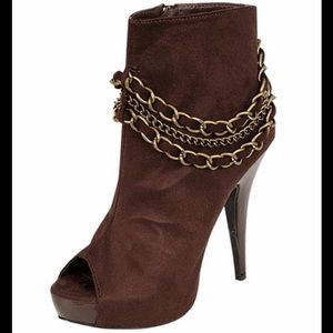 Brown peeptoe bootie with gold chain
