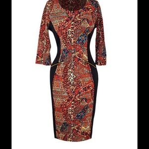 Paisley Zipper-Accent Color Block Bodycon Dress