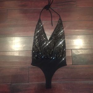 Black sequence halter bodysuit