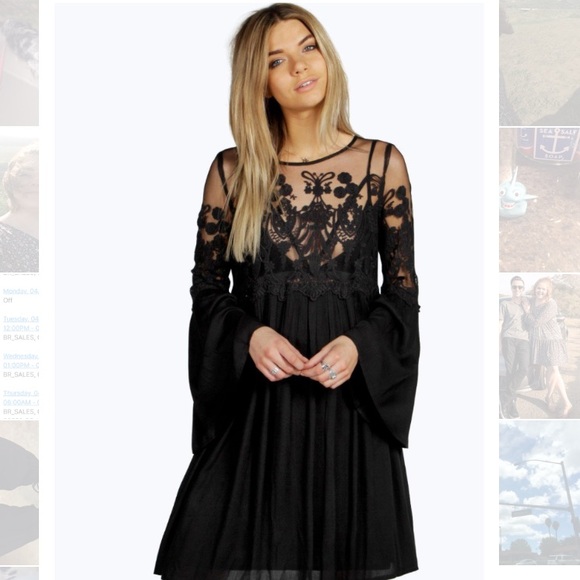 Boohoo Lace Sleeve Smock Dress Black | spree.co.za | spree.co.za