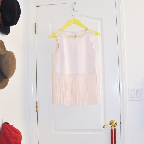 fringe crop top with mesh shoulder