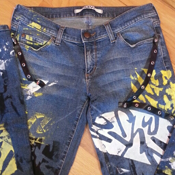 OOAK Graffiti Leather Spiked Concert Jeans - Picture 2 of 4