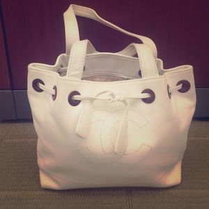 White Caviar Leather Drawstring Chanel Bucket Bag