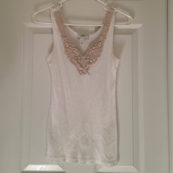 White tank top with off white crochet at neckline