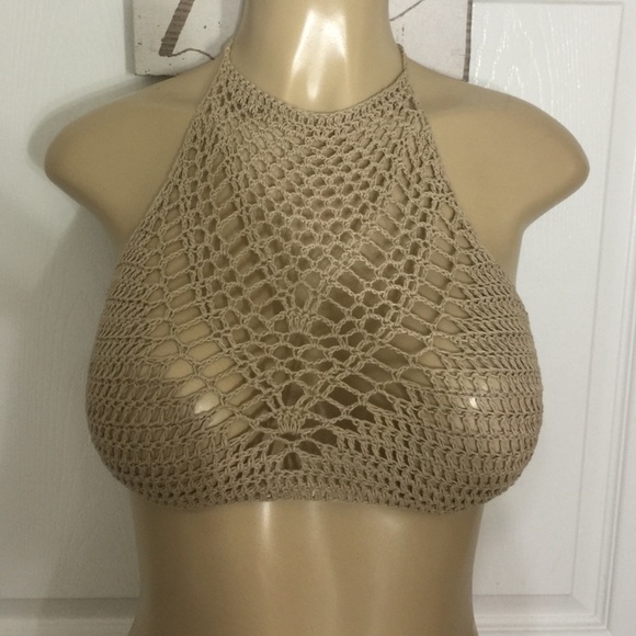 New Beige Black Crochet Halter Tie Back Crop Top - Picture 2 of 4