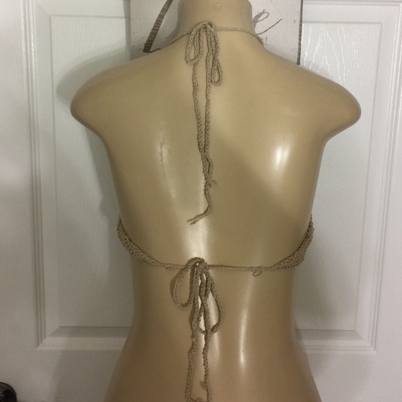 New Beige Black Crochet Halter Tie Back Crop Top - Picture 3 of 4