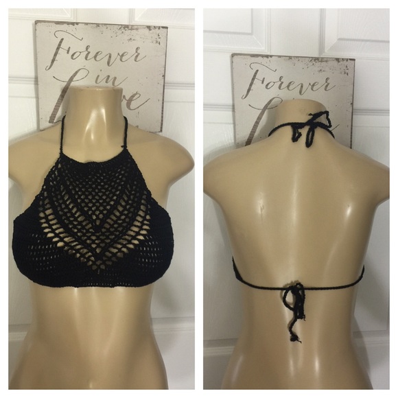 New Beige Black Crochet Halter Tie Back Crop Top - Picture 4 of 4