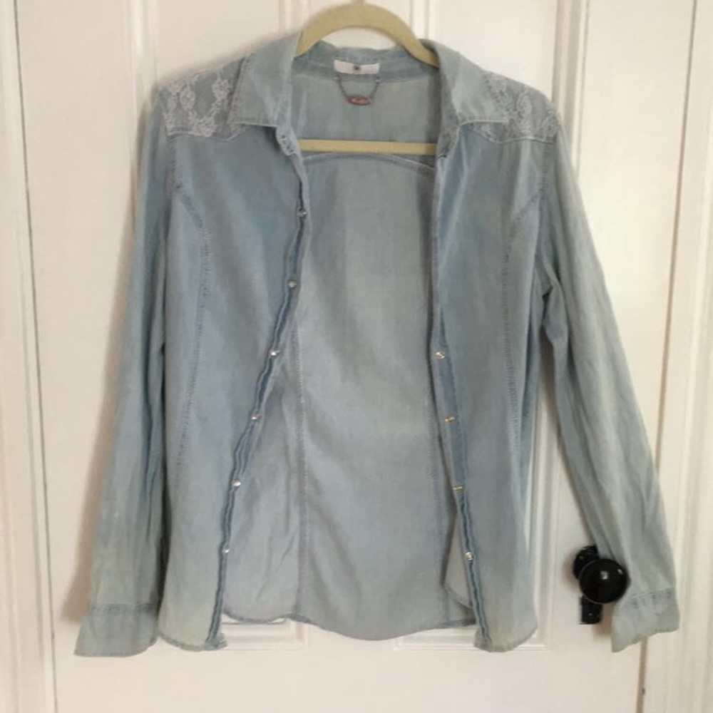Blue lace chambray denim button up