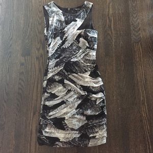 BCBG black grey and white feather patterned dress